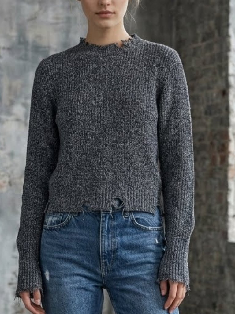 Helmut Lang Distressed Look Marled Sweater Gray Cashmere Wool Blend Women's Xs